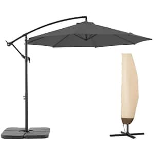 10 ft. Aluminum Patio Offset Umbrella Outdoor Cantilever Umbrella with Cover, Crank and Cross Bases in Dark Grey