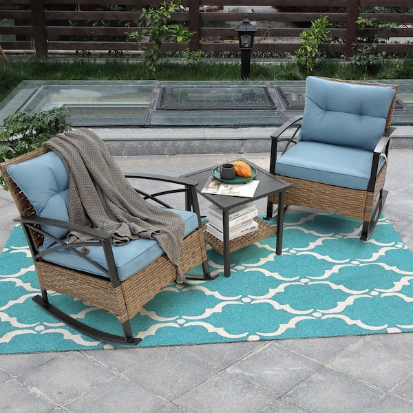3-Pack Wicker Outdoor Rocking Chair Set Lounge Chairs for Patio Deck Backyard with Blue Coffee Table with Cushions