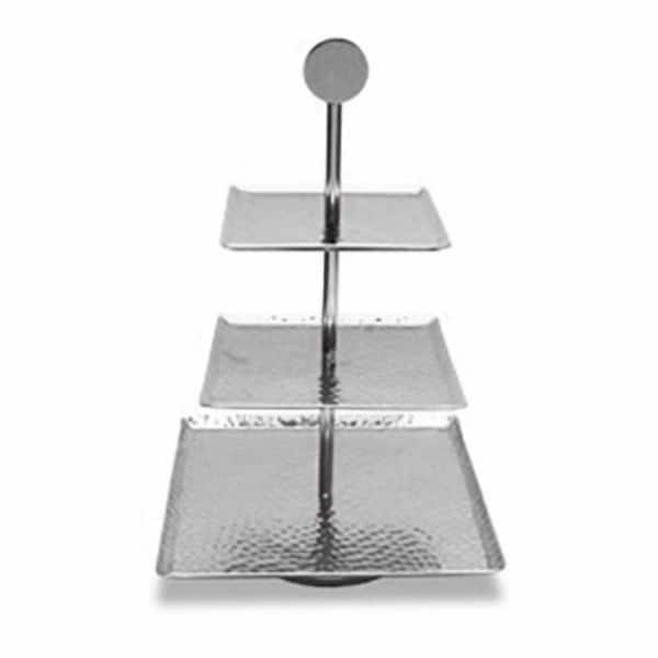 HomeRoots 14 in. Silver Square Stainless Steel Hammered Three Tier Tray