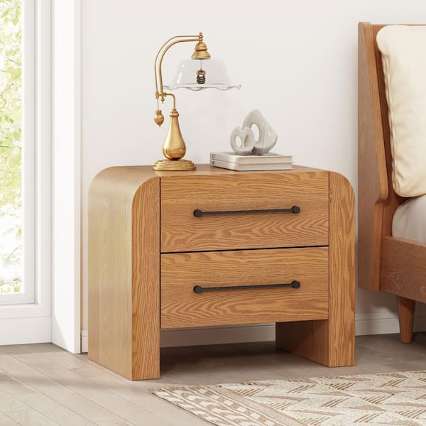 Erika Brown 23.75 in. H Nightstands with 2 Storage Drawers Black Metal Handles Curved Profile Design Natural