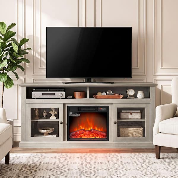 ToolCat 60 in. Freestanding TV Stand in Gray with 18 in. Fireplace