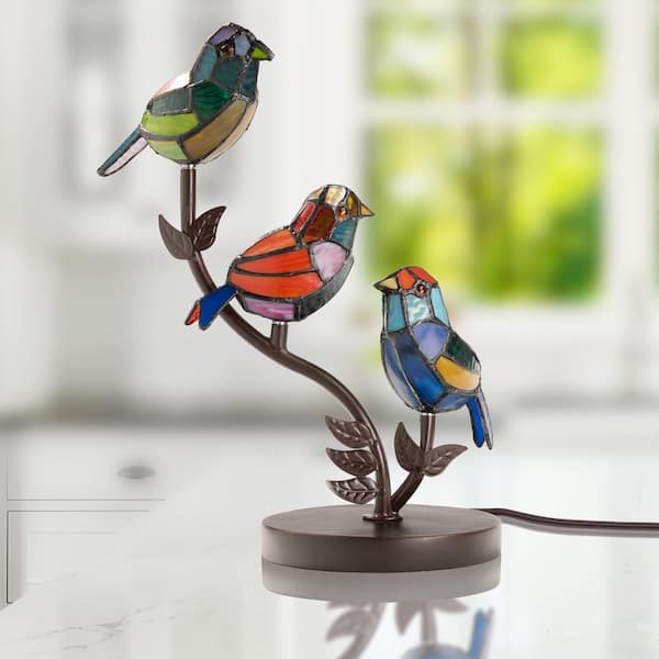 Whitney 15 in. Bronze Finish Novelty Bird Table Lamp with Multi-Colored Stained Glass Shades