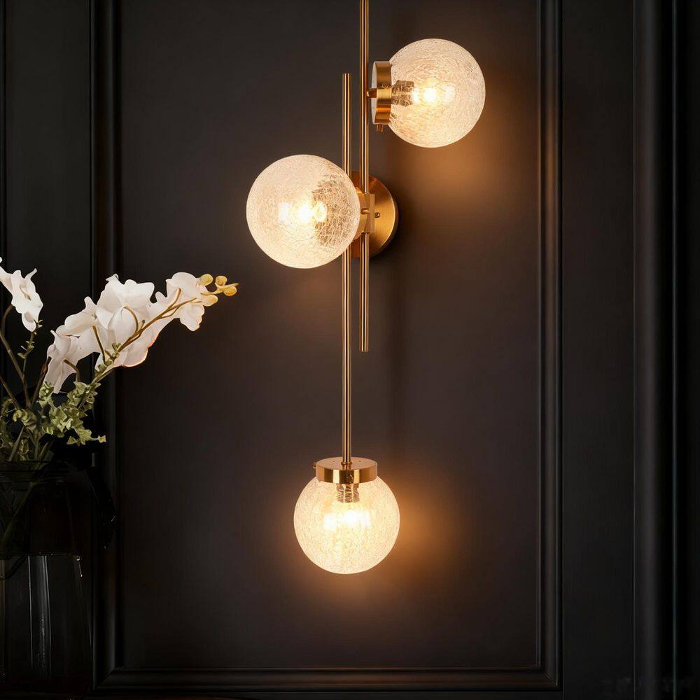 Lunary Modern 30 in. H Brass 3-Light Vanity Light Vertical or Horizontal Wall Sconce with Globe Crackle Glass Shades price history on PriceWatchPro