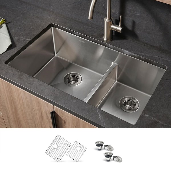 Urbana 33 in. Undermount 60/40 Double Bowl 16-Gauge Stainless Steel Kitchen Sink with Rounded Corners and Low Divide