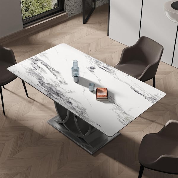Lesly Modern Rectangle Jade White Patek Philippe Stone Tabletop 55.12 in. Stainless Steel Pedestal Dining Table (4 Seats)