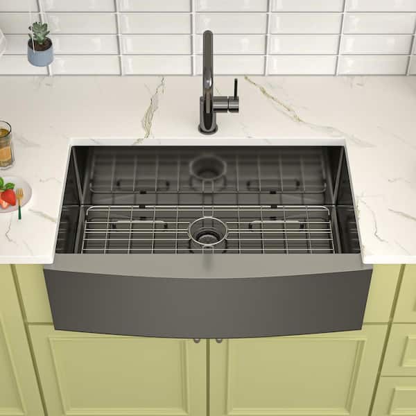 30 in. Gunmetal Black Farmhouse Apron Front Single Bowl 16-Gauge Stainless Steel Kitchen Sink with Bottom Grid