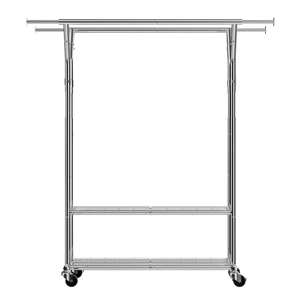 Silver Carbon Steel Metal Rolling Clothes Rack, 23.6 in. W x 67.9 in. H, with Dual Rods and 2-Shelves, 264 lbs. Capacity