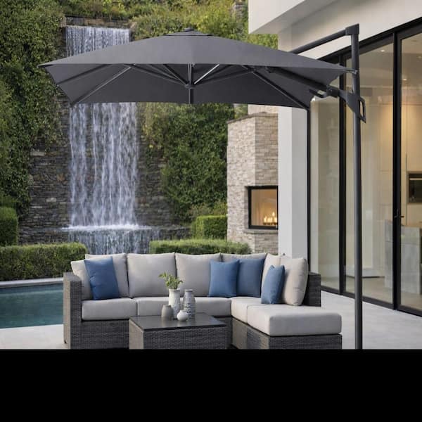 BELLINI HOME AND GARDENS Piola 10 ft. Square Aluminum Outdoor Patio  Cantilever Umbrella 360 Pedal Base Rotation with Granite Base, Smoke Gray  ...