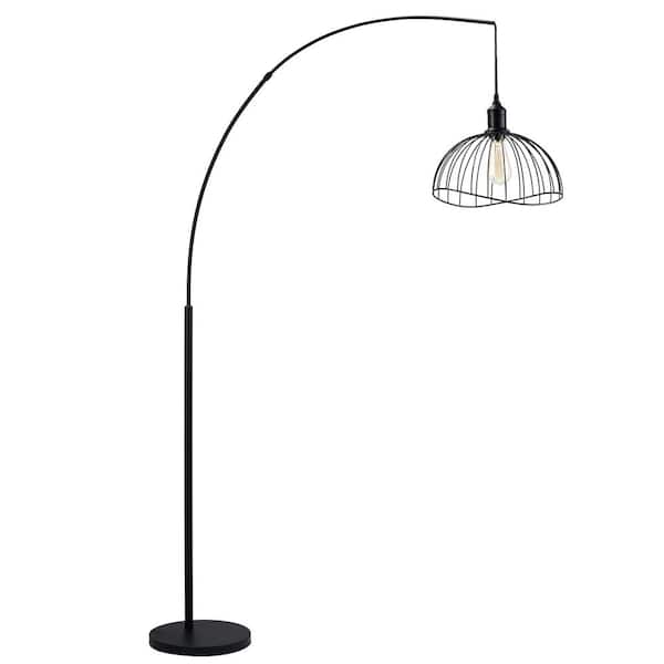 Merra 69 in. Black Modern Arched Floor Lamp with Industrial Hanging Metal Shell Cage Shade