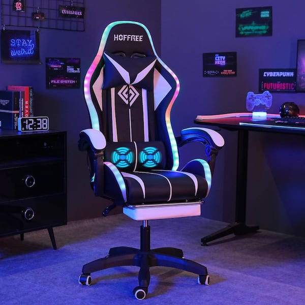 Hoffree Faux Leather Massage Reclining Ergonomic Gaming Chair in White/Black with LED Lights Adjustable Arms