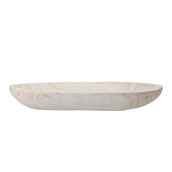 White Hand-Carved Paulownia Wood Bowl with Whitewashed Finish