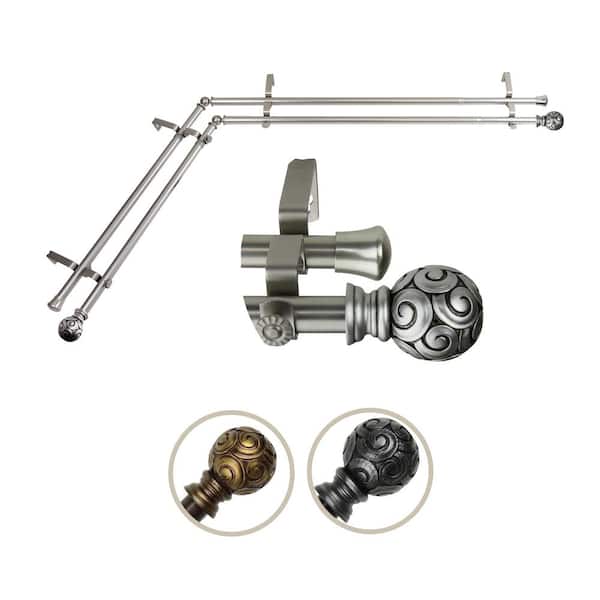 Rod Desyne 13/16" Dia Adjustable 28" to 48" Double Corner Window Curtain Rod in Satin Nickel with Bonbon Finials