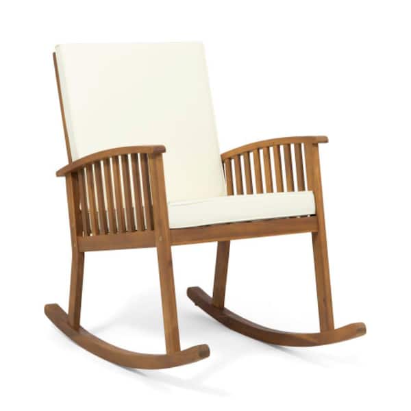 ITOPFOX Brown Acacia Wood Outdoor Rocking Chair with Water Resistant Cushion