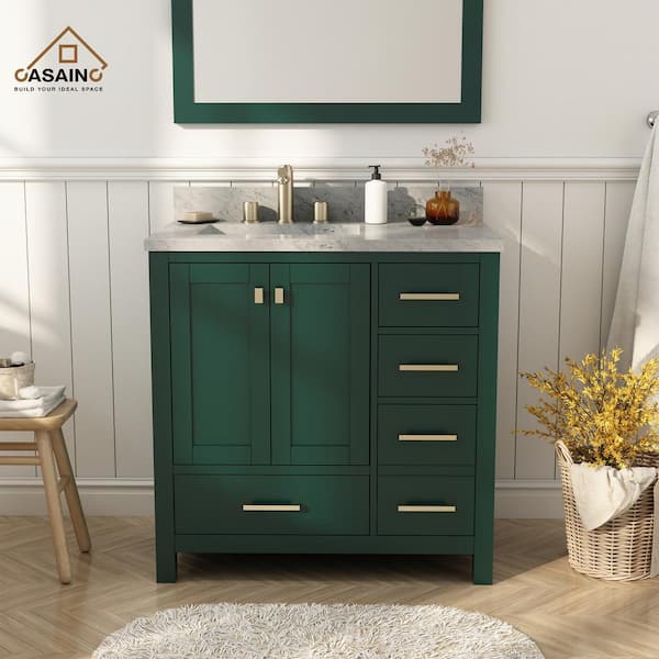CASAINC 36 in. W. x 22 in. D x 35.4 in. H Single Sink Bath Vanity in Green with White Marble Top and Basin