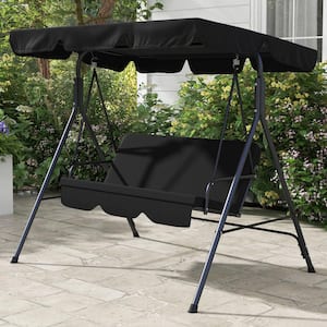 3-Seat Metal Outdoor Patio Swing Chair with Removable Cushion, Adjustable Tilt Canopy for Patio, BLACK,