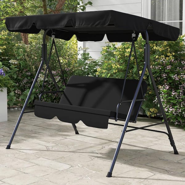 AOPSPS 3-Seat Metal Outdoor Patio Swing Chair with Removable Cushion, Adjustable Tilt Canopy for Patio, BLACK,