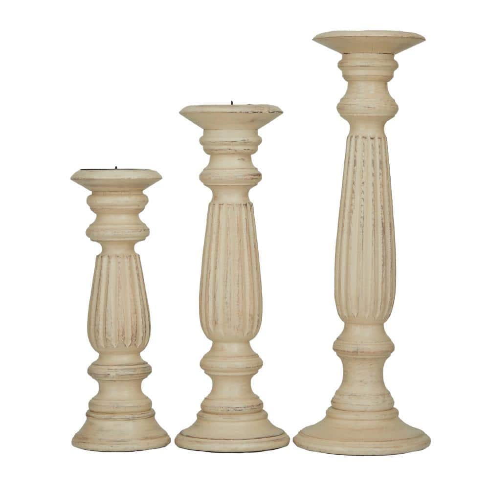 Elegant Mango Wood Teardrop Pillar Candlestick Trio, 18" Brown