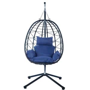 Navy Blue Outdoor Patio Egg Swing Chair with Stand and Cushion