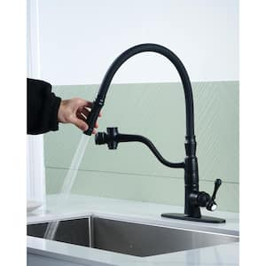 Single Handle Pull Out Sprayer Kitchen Faucet Deckplate Included and Rust-Proof in Solid Brass in Matte Black