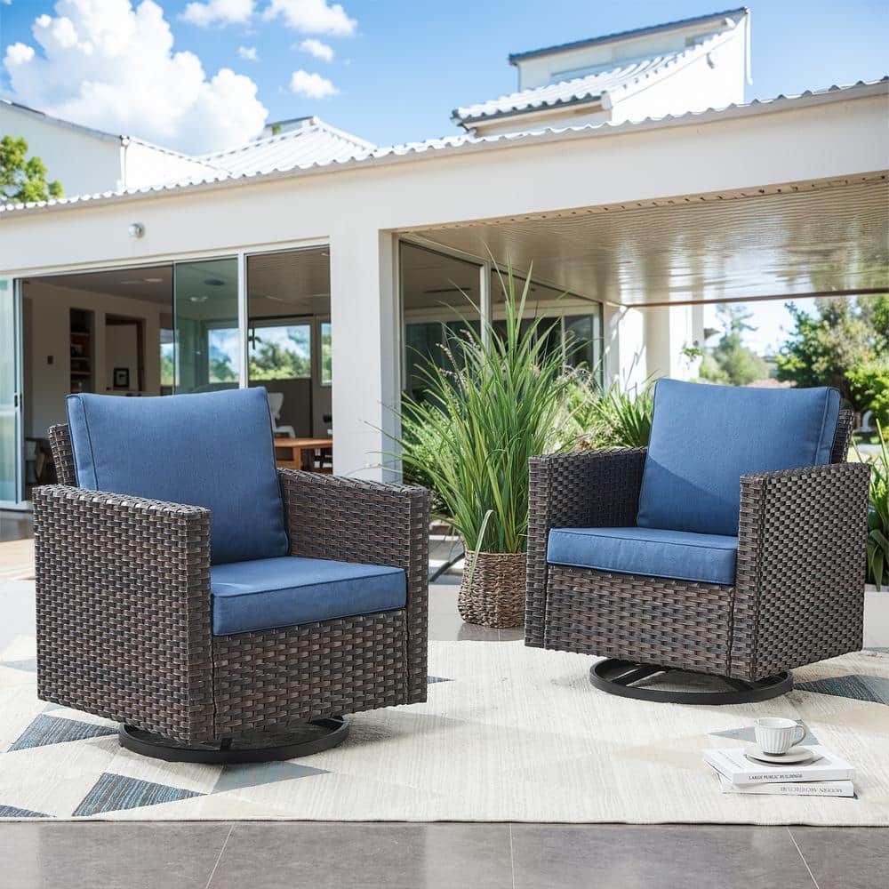 2-Piece Brown Wicker Patio Swivel Outdoor Rocking Chair Set with Blue Cushions price history on PriceWatchPro