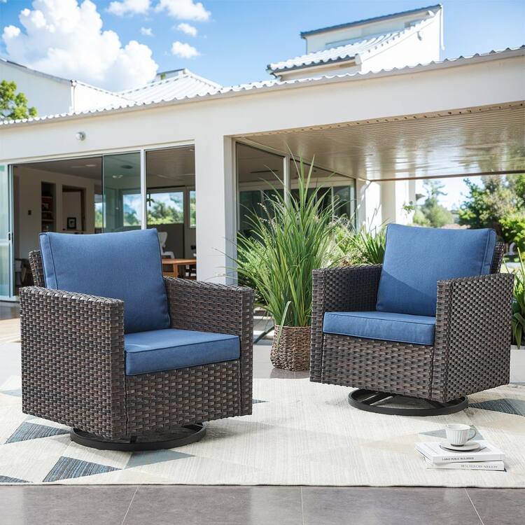 Pocassy 2-Piece Brown Wicker Patio Swivel Outdoor Rocking Chair Set with Blue Cushions