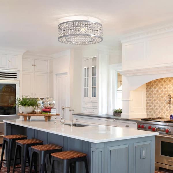 20 in. Indoor Modern Chrome Low Profile Ceiling Fan with Lights and Remote Small Caged Ceiling Fan with Clear Crystal