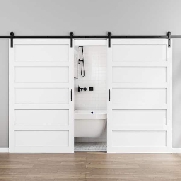 ARK DESIGN 96 in. x 84 in. Paneled 5-Lites White MDF with PVC Prefinished Sliding Barn Door Slab with Installation Hardware Kit