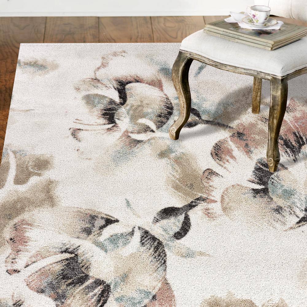 Blue Floral Synthetic Stain-Resistant 8' x 10' Area Rug