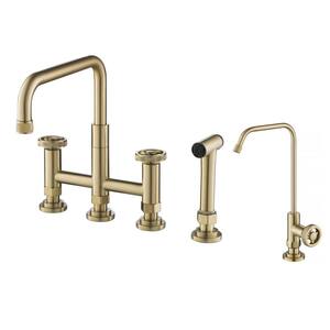 Urbix Industrial Double-Handle Bridge Kitchen Faucet and Beverage Faucet in Brushed Gold