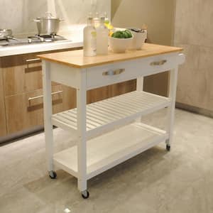 White Kitchen Island and Kitchen Cart Rubber Wood Top Mobile Kitchen Island with 2-Lockable Wheels 2-Drawers