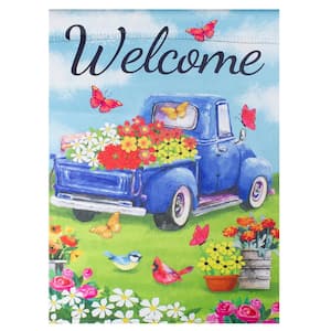 12.5 in. x 18 in. Welcome Blue Pickup Truck with Flowers Outdoor Garden Flag