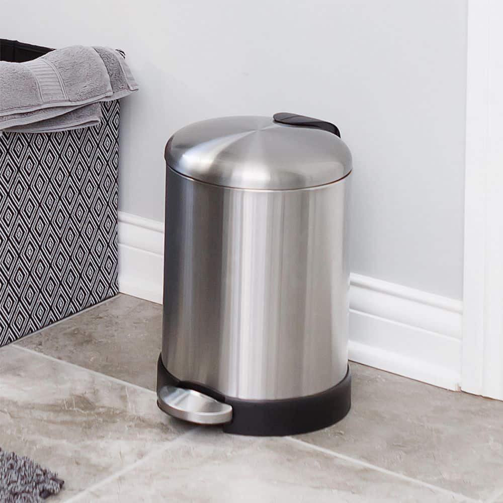 Compact Brushed Stainless Steel Pedal Trash Can with Soft Close Lid