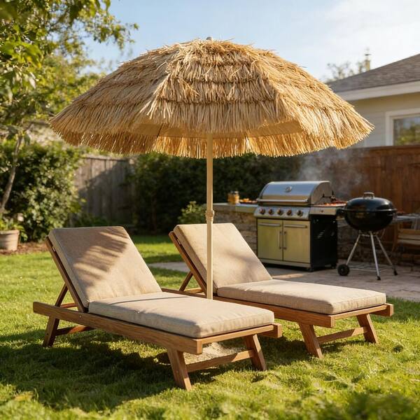 6 ft umbrella patio Unique 6 ft. Metal+Fiberglass Beach Umbrella, Patio Umbrella in Brown with  Faux-Straw Canopy and Carry Bag (No Base) BF28T3971FF6241