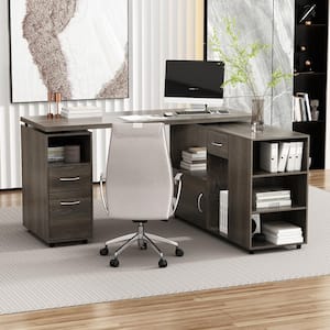 59 in. L-Shaped Gray Wood Home Office Writing Desk with Reversible Hutch Cabinet, Workstation with Drawers and Shelves