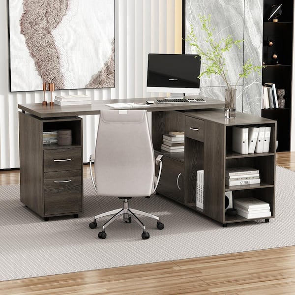 FUFU&GAGA 59 in. L-Shaped Gray Wood Home Office Writing Desk with Reversible Hutch Cabinet, Workstation with Drawers and Shelves