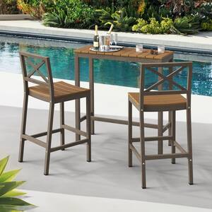 3-Piece 38 in. Brown Outdoor Dining Table Set Aluminum Bar Set HDPS Top With Bar Chairs Armless for Balcony