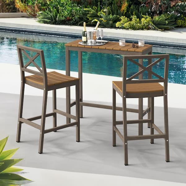 LUE BONA 3-Piece 38 in. Brown Outdoor Dining Table Set Aluminum Bar Set HDPS Top With Bar Chairs Armless for Balcony
