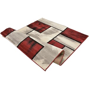 Comfy Squares Geometric Red-Gray 8 ft. x 10 ft. Classic Braided Vintage Contemporary Polypropylene Rectangular Area Rug