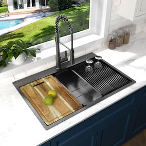 32 in Drop-In Single Bowl 18 Gauge Gunmetal Black Stainless Steel Workstation Kitchen Sink with Black Spring Neck Faucet