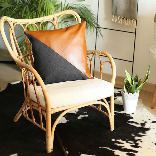 Boho-Chic Handcrafted Vegan Faux Leather Brown and Black 18 in. x 18 in. Square Solid Throw Pillow Cover