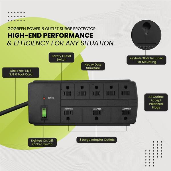 8-Outlet Heavy Duty Surge Protector Power Strip – Individual Switches, 6FT Cord, 3300J, Flat Plug, Wall-Mountable For Home/Office