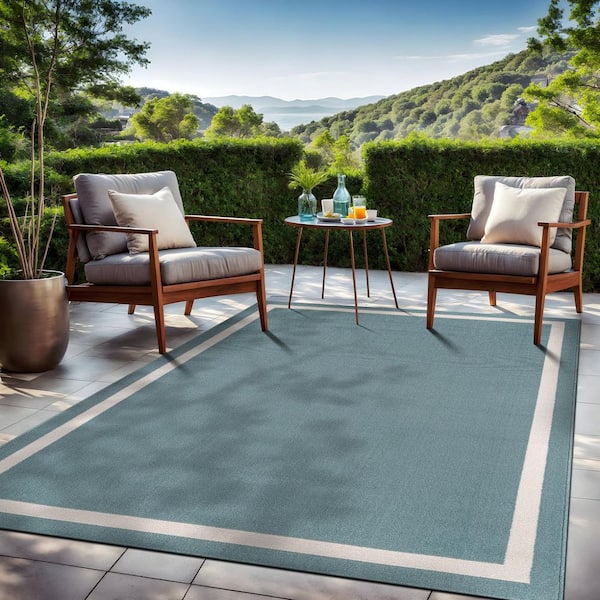 Aura Teal 9 ft. x 12 ft. Rubber Back Washable Modern Bordered Indoor Outdoor Area Rug