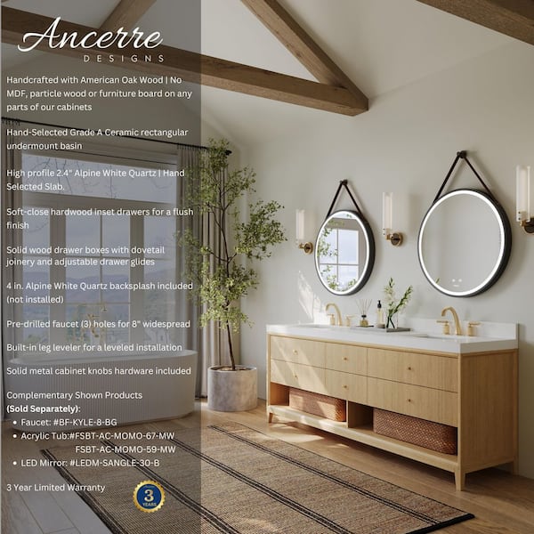 Momo 84 in. W Double Sinks Freestanding Bath Vanity in American Oak with Alpines White Quartz Top