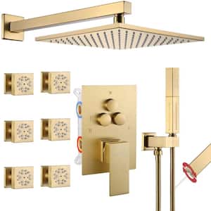 Single Handle 3-Spray Shower Faucet 1.8 GPM 10 in. Square Wall Mounted with Pressure Balance in. Brushed Gold with 6-Jet