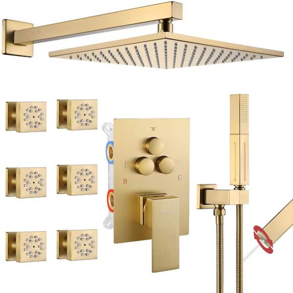 Vanfoxle Single Handle 3-Spray Shower Faucet 1.8 GPM 10 in. Square Wall Mounted with Pressure Balance in. Brushed Gold with 6-Jet