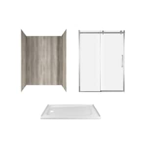 Passage 60 in. x 72 in. 3-Piece Glue-Up Alcove Shower Wall, Door and Base Kit with Left Drain in Gray Timber