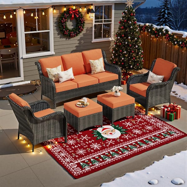 Caodoc Clario 5-Piece Wicker Outdoor Furniture Patio Conversation Seating Set with Orange Red Cushion & Ottomans for Backyard