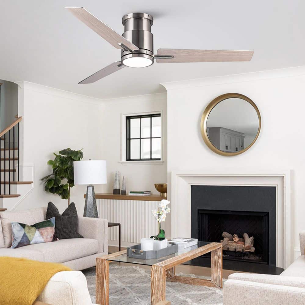 52 in. Indoor Brushed Nickel 3 Durable ABS Fan Blades Flush Mount Standard Ceiling Fan with LED Light and Remote Control price history on PriceWatchPro