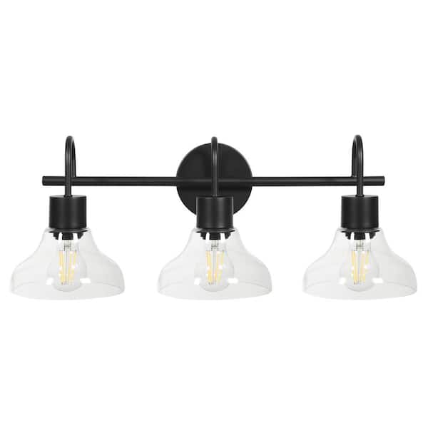 BYBLIGHT Wanda 23.23 in. 3-Light Black and Transparent Modern Bath Vanity Light with Open Round Shape Indoor Wall Sconce