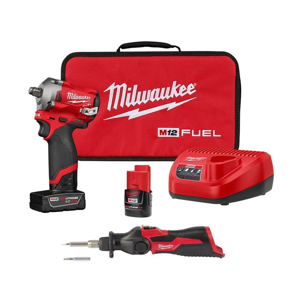Milwaukee M12 FUEL 12V Lithium-Ion Brushless Cordless Stubby 1/2 in. Impact  Wrench Kit with M12 Soldering Iron 2555-22-2488-20 The Home Depot